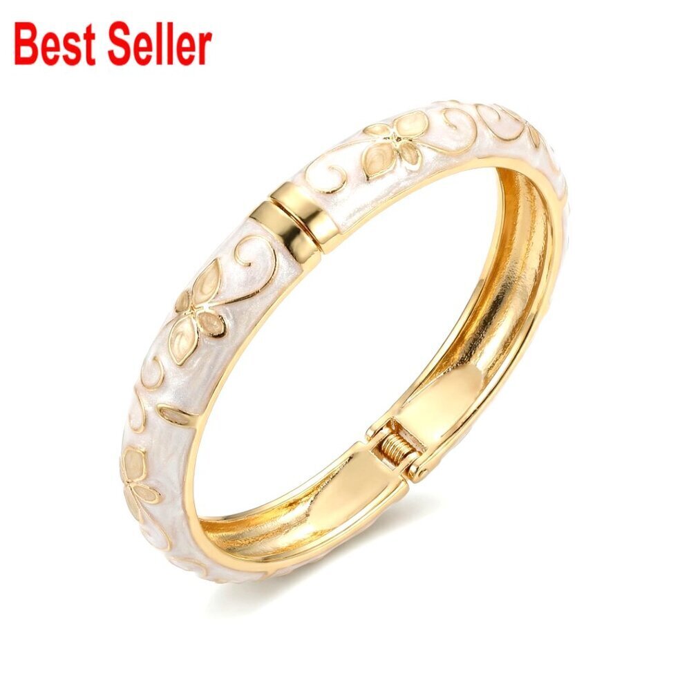 Gold Plated Cloisonne Enamel Floral Bangle Bracelet Stackable Chunky